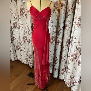 DE LARU red formal dress with gold thread decoration that shimmers when you move